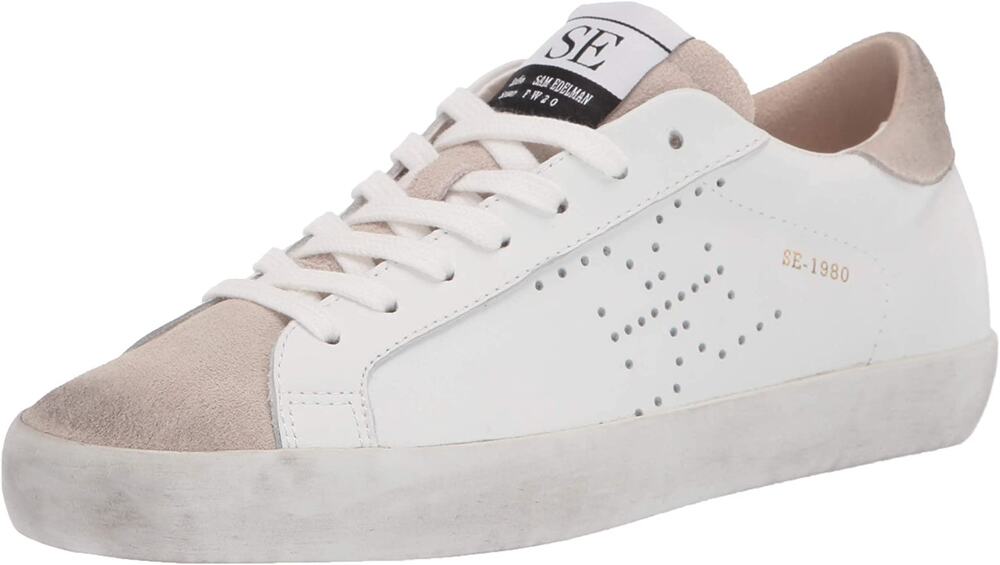 Sam Edelman Aubrie Sneakers Suede Leather Lace Up Perforated White Greige 7.5M